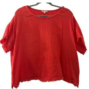 EILEEN FISHER top, sz Medium, pink coral salmon, organic cotton, boxy, fringed,